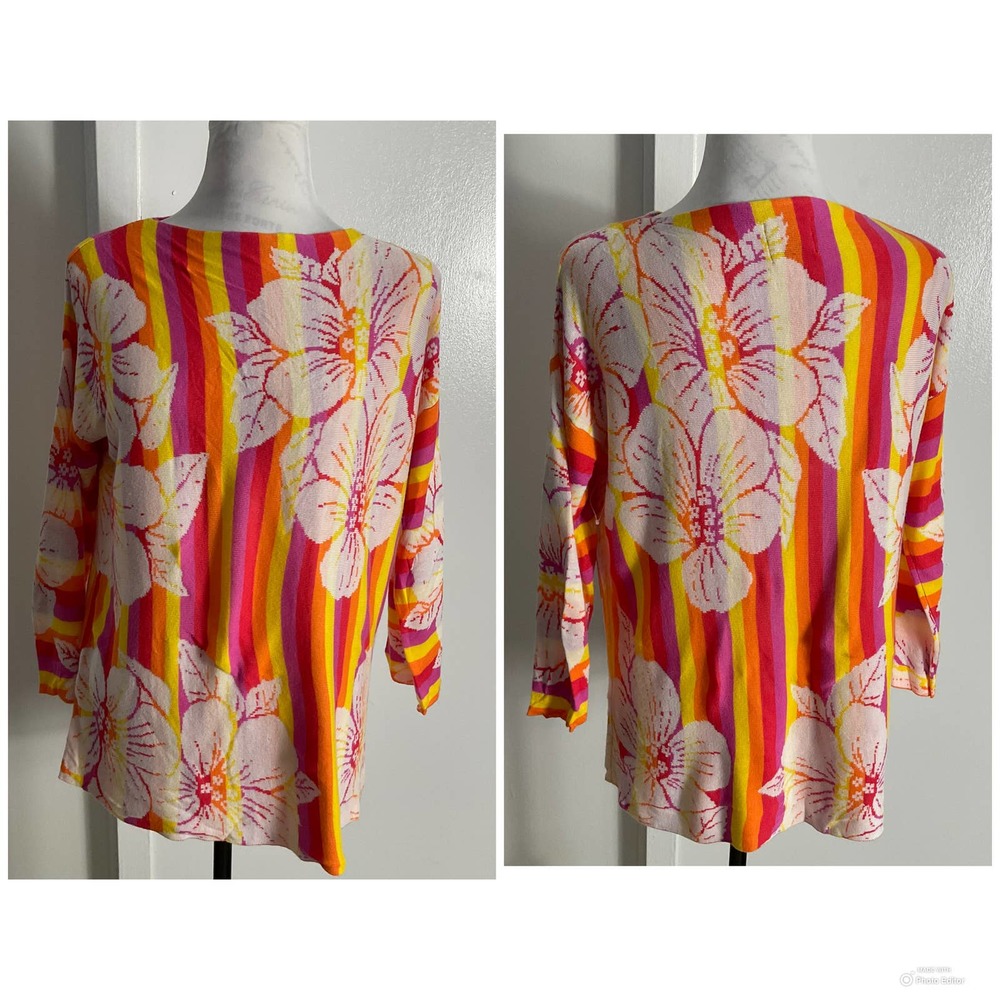 Ruby Rd Boat Neck 3/4 Sleeves Flower Print Sweater